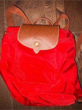 Longchamp Red Nylon Backpack with Brown Leather Flap